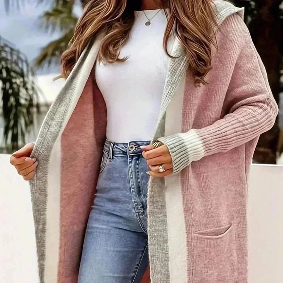 Sweaters - Pink Casual Women's Color Blocking Hooded Knit Cardigan